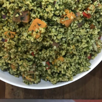 Organic Lemony Millet Tabouli Salad With Roasted Vegetables, Fresh Mint And Flat Leaf Parsley