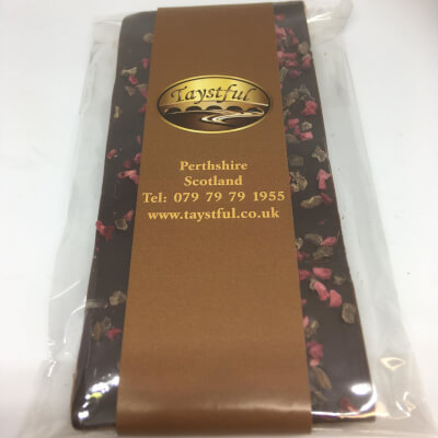 Taystful Raspberry And Cocoa Nib Dark Chocolate Bar 
