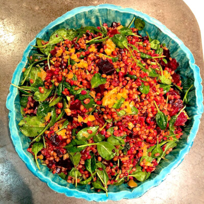 Beetroot, Spelt, Caramelised Onion And Spinach Salad